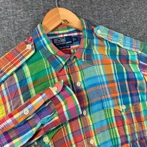 VTG Polo Ralph Lauren Colorblock Shirt Men Large Trim Military Plaid 90s Epaulet